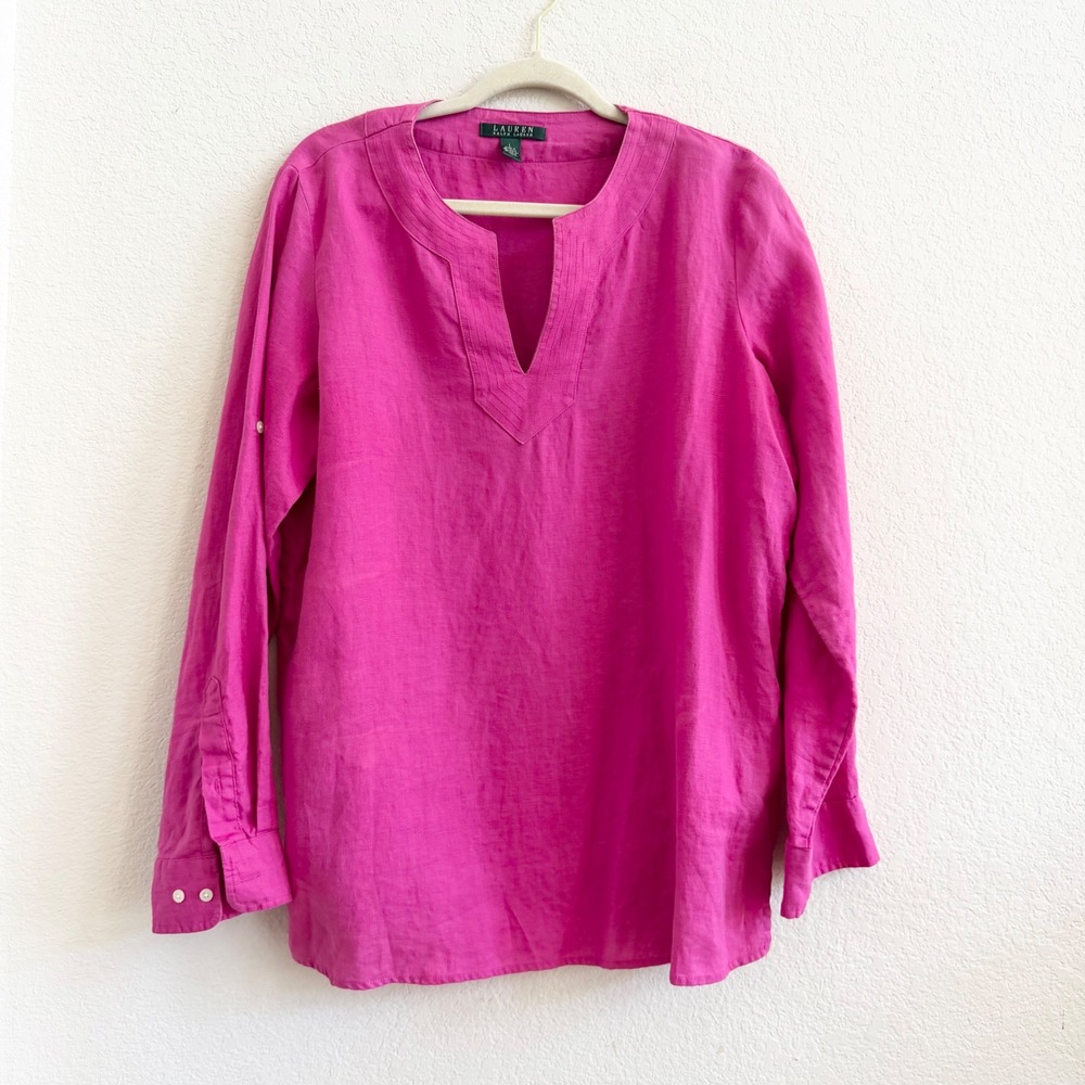 Lauren Ralph Lauren Womens Large Fuchsia Pink 100% Linen Split Neck Tunic Blouse